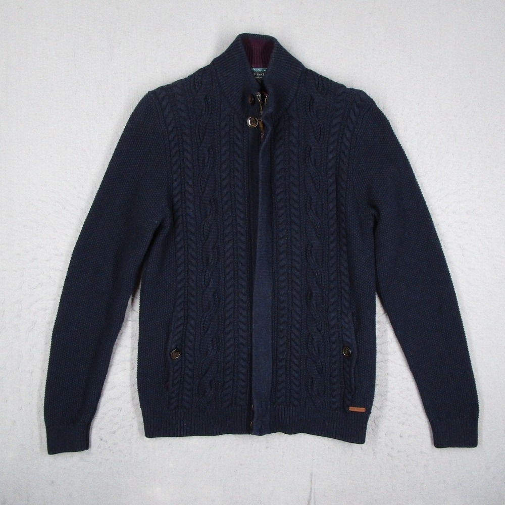 Ted Baker London Mens Navy Blue Cable Knit Full Zip Cardigan Sweater Size 4 L